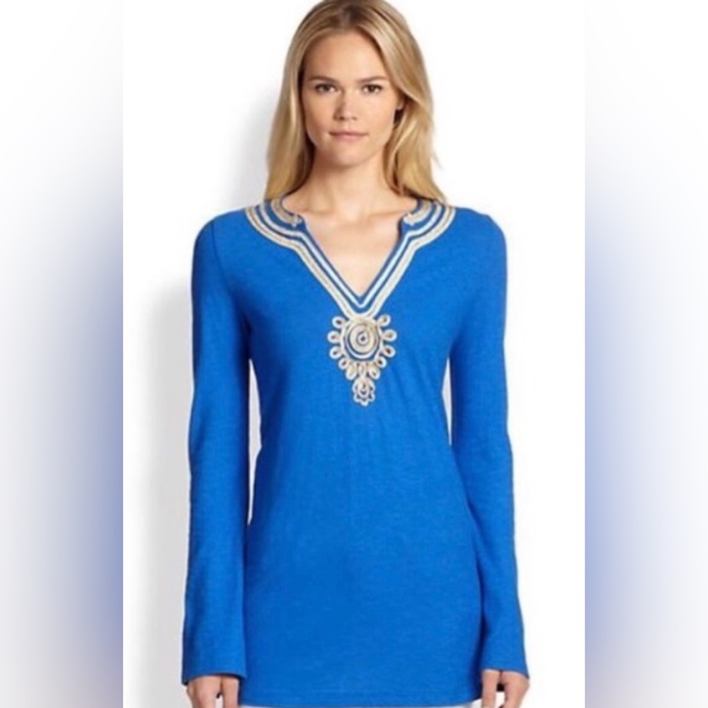 LILLY‎ PULITZER Blue Top V Neck Emerson Tunic Top Blouse Coastal Beach Vacation